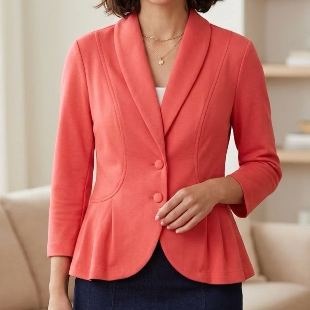ELLE Pink Peplum Ruffle Blazer Coral Tailored Shawl‎ Collar Jacket Sz L